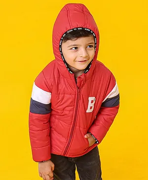 Babyhug Full Sleeves Hooded Padded Jacket Alphabet B Patch - Red