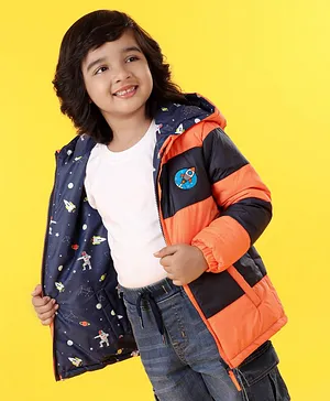 Babyhug Hooded Full Sleeves Reversible Padded Jacket - Navy Orange
