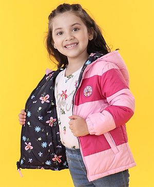 Babyhug Reversible Full Sleeves Printed Hooded Jacket - Pink