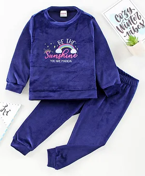 Babyhug Winter Wear Velour Full Sleeves Sweatshirt & Lounge Pant Rainbow Print - Blue