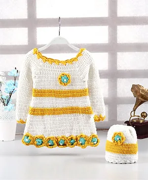 Babyhug Full Sleeves Handmade Frock Style Sweater with Cap - Yellow