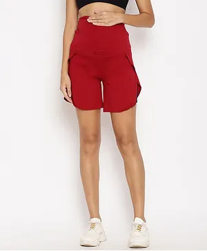 Wobbly Walk Solid Color Double Layered Maternity Shorts With Inner Tights - Maroon