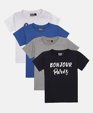 Actuel Pack Of 4 Half Sleeves 100% Cotton Bonjour Paris Print T-Shirt - Grey White Navy Blue