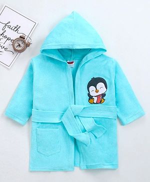 Babyhug Full Sleeves Bathrobe With Hood Penguin Embroidery - Blue