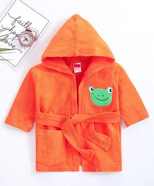 Babyhug Three Fourth Sleeves Hooded Bath Robe Frog Embroidery - Orange
