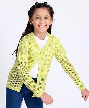 Pine Kids Full Sleeves Front Open Sweater - Lime Green