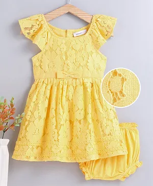 Babyoye Cap Sleeves Lace Frock With Bloomer Bow Applique - Light Yellow