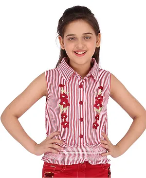 Cutecumber Sleeveless Striped Floral Embroidered Top - Red