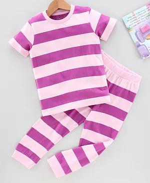 Ventra Half Sleeves Striped Night Suit - Purple