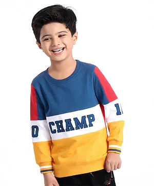 Babyhug Full Sleeves Sweatshirt Champ Embroidery - Blue Yellow
