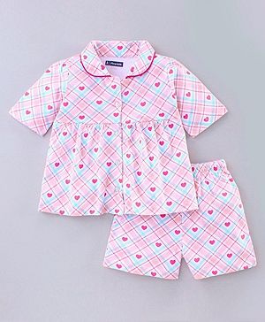 Pine Kids Half Sleeves Biowashed Night Suit Heart Print - Pink