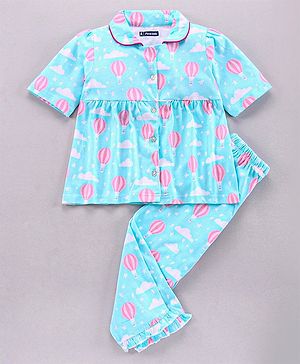 Pine Kids Half Sleeve Biowashed Top and Capri Pants Set Hot Air Balloon & Clouds Print - Blue
