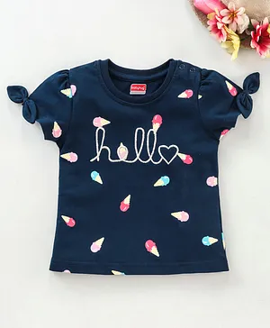 Babyhug Cap Sleeves Printed Top Hello Embroidery - Navy Blue