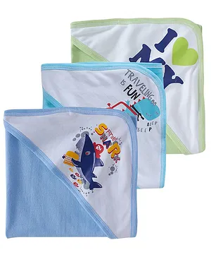 babywish 100% Terry Cotton Hooded Bath Towels Text Print Pack of 3 - Blue Green 