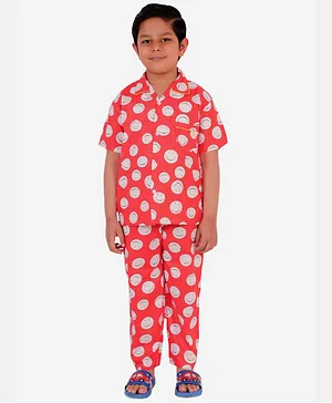 KID1 Half Sleeves Smiley Print Night Suit - Red