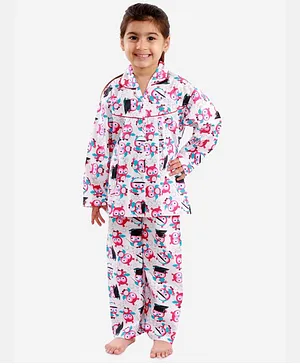 KID1 Full Sleeves Owl Print Night Suit - White & Pink