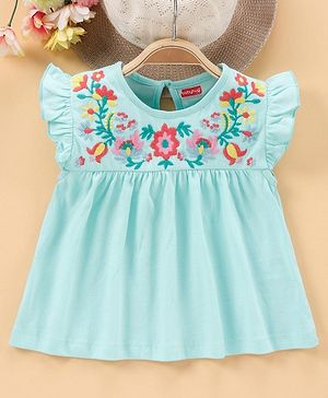 Babyhug Flutter Sleeves Frock Style Top Floral Embroidered - Blue