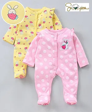 Babyoye Full Sleeves Supima Cotton Sleep Suits Bunny Print and Patch Pack of 2 - Pink Yellow