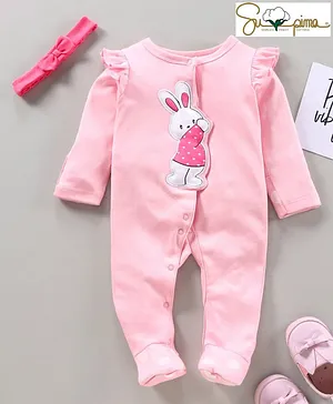 Babyoye Supima Cotton Full Sleeves Solid Sleep Suit with Bunny Applique and Headband - Pink