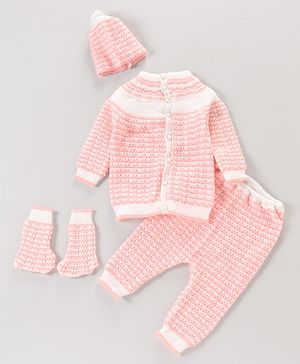 Babyhug Full Sleeves Hooded Striped Sweater Set with Booties - Pink