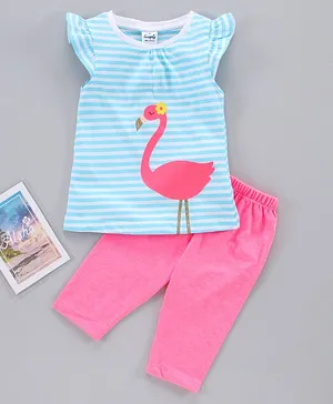 Simply Short Sleeves Top & Leggings Set Flamingo Print - Blue Pink