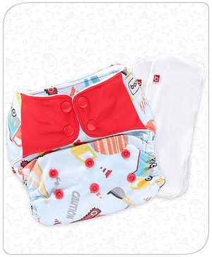 Babyhug Free Size Reusable Contrast Flap Closure Cloth Nappies With 2 SmartDry Inserts Transport print -  Blue