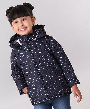 Babyhug Full Sleeves Heart Print Hooded Jacket - Blue