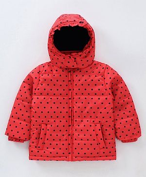Babyhug Full Sleeves Hooded Padded Jacket Dot Print - Red