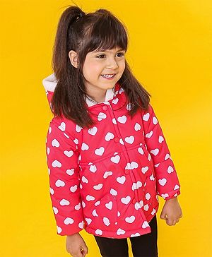 Babyhug Full Sleeves Hooded Jacket Heart Print - Red