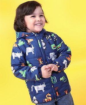 Babyhug Full Sleeves Animal Print Hooded Jacket - Blue