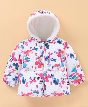 Babyhug Full Sleeves Butterfly Print Hooded Jacket - Off White