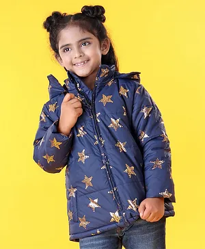 Babyhug Full Sleeves Star Print Hooded Jacket - Blue