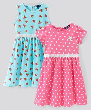 Pine Kids Bio Wash Short & Sleeveless Frocks Dot & Watermelon Print Pack of 2 - Pink Sea Green