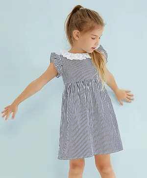 SAPS Flutter Sleeves Stripe Frock - Navy Blue White