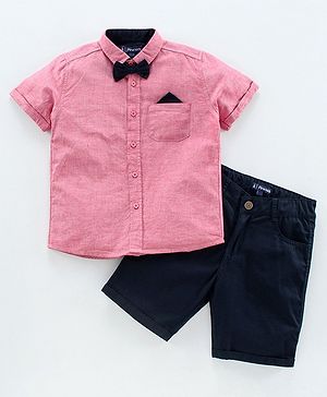 Pine Kids Half Sleeve Shirt and Shorts Set with Bow Tie Solid - Pink Navy