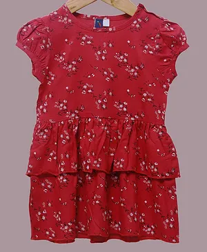 Little Carrot Short Sleeves Floral Print Layered Dress - Red