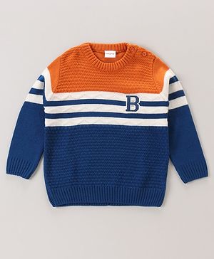 Babyhug Full Sleeves Pull Over Sweater Striped - Orange & Blue