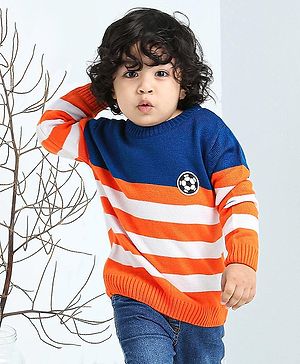 Babyhug Full Sleeves Stripe Sweater Football Patch - Orange Blue