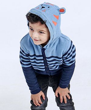Babyhug Full Sleeves Front Open Hooded Sweater - Blue