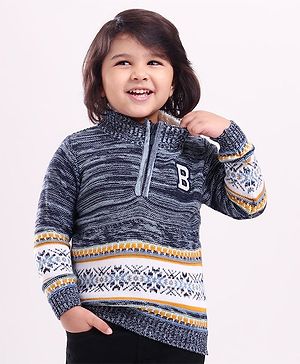 Babyhug Full Sleeves Jacquard Pullover Sweater With Badge - Navy