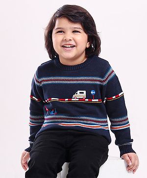 Babyhug Full Sleeves Jacquard Pull Over Sweater Intarsia Bus Pattern - Blue