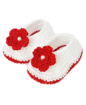 Love Crochet Art Floral Work Booties - White And Red