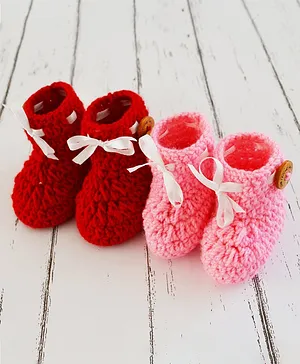 Love Crochet Art Pair Of 2 Bow Detailed Booties - Peach Red