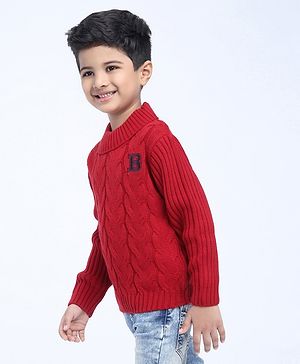 Babyhug Full Sleeves Cable Knit Sweater - Red