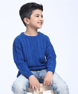 Babyhug Full Sleeves Cable Knit Sweater - Blue