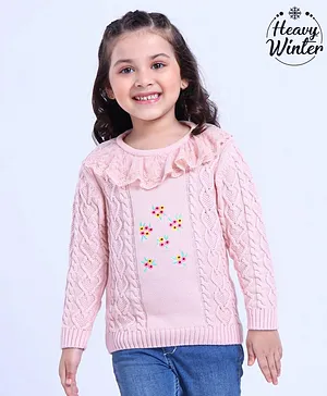 Babyoye Cotton Full Sleeves Sweater Floral Embrodiery - Pink