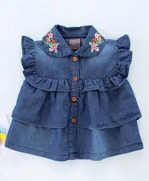 Little Kangaroos Flutter Sleeves Denim Top With Embroidery - Blue