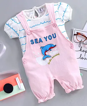 Little Folks Dungaree Style Romper with Half Sleeves Inner Tee Dolphin Print - Pink