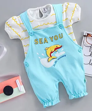 Little Folks Dungaree style Romper with Half Sleeves Inner Tee Dolphin Print - White Green
