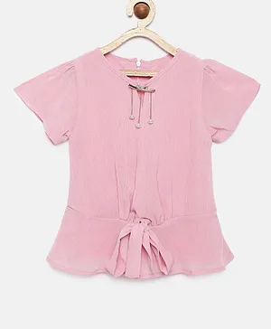 Tiny Girl Short Sleeves Solid Color Front Knot Detailing Top - Light Pink